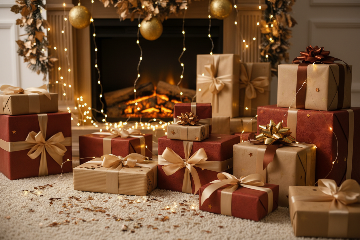 kerst atmosfeer, ingepakte cadeaus, confetti, lichtjes, beige, bruin, golg, rood, maar niet te donker